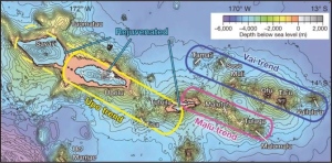 Mapa del punto caliente de Samoa muestra su división en tres alineamientos volcánicos paralelos. (Imagen: M. G. Jackson, S. R. Hart, J. G. Konter, M. D. Kurz, J. Nature 514, 355358 (16 October