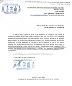 Carta del presidente de lla Agrupación Valdorba en la que insta a contratar un secretario sustituto.