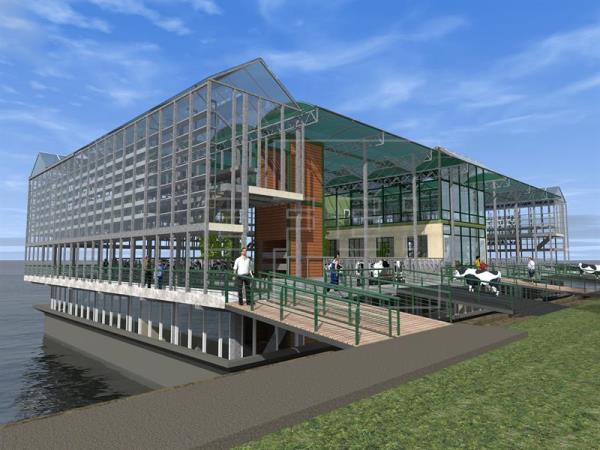 Vacas que pastan sobre el agua en una exposición de alimentos del futuro