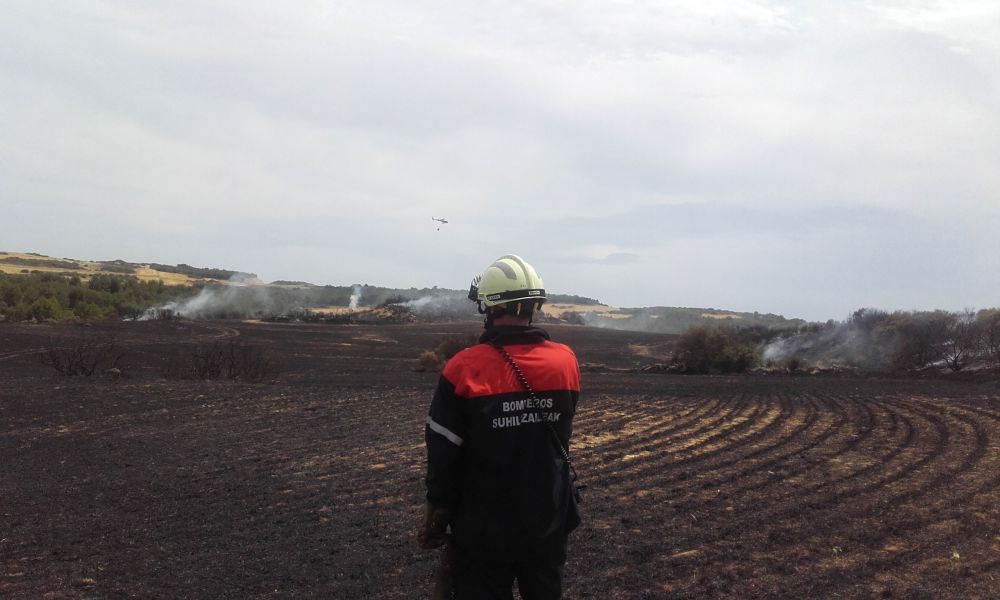 Un incendio quema 4,5 hectáreas de rastrojo y afecta a pinos del Vedado de Eguaras, en las Bardenas