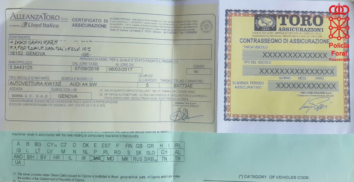 La Policía Foral imputa a un conductor por presentar una póliza de seguro falsa