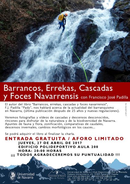 AGENDA: 27 de abril, en Polideportivo Universidad de Navarra, «Barrancos, errekas, cascadas y foces navarrensis»