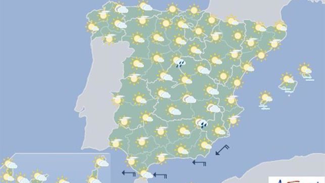 Hoy, tormentas en las dos mesetas y Cantábrico interior, en Navarra nubes medias y altas