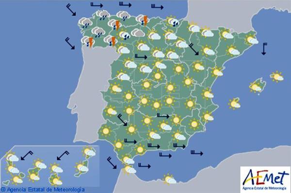 Lluvias fuertes en Galicia, Cantábrico y el área mediterránea, en Navarra nuboso y descenso de temperaturas