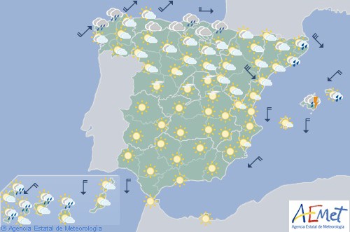 Hoy en España chubascos en el norte localmente fuerte en su litoral, viento fuerte en el Ebro