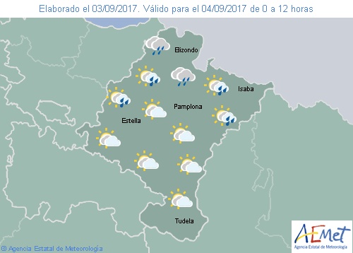Nuboso tendiendo a poco nuboso y lluvias débiles en el norte de Navarra