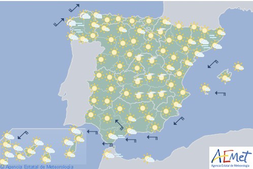 Hoy en España cielos despejados con alguna lluvia débil en el litoral gallego y catalán