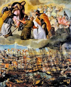 la batalla de Lepanto abajo y la Virgen intercediendo arriba y el estandarte de la Santa Liga que ondeaba en la galera La Real, nave insgna en qué iba don Juan de Paolo Veronese