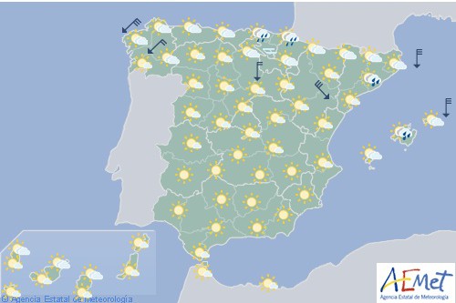 Hoy en España nuboso en el nordeste con alguna llovizna y viento fuerte en el Ebro