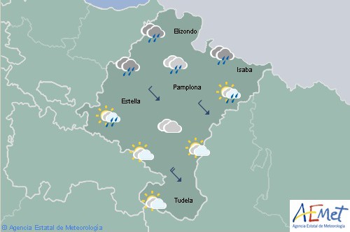 Lluvias en el noroeste de Navarra con cielo nuboso en el centro y sureste