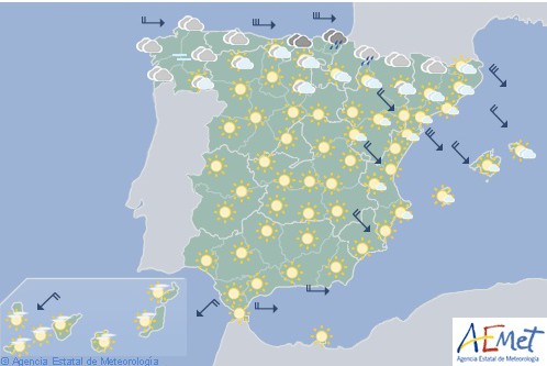 Nuboso o cubierto con lluvias en el norte y despejado en el resto de España