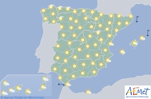 Hoy en España cielo despejado o poco nuboso, aumento de temperaturas más acusadas en Baleares