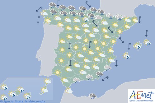 Hoy en España precipitaciones en área cantábrica, cota de nieve subiendo al final del día a 1.200 m.