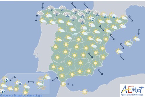 Precipitaciones fuertes en el Cantábrico, poco nuboso en el resto de España y la cota de nieve baja a 1.000 m.