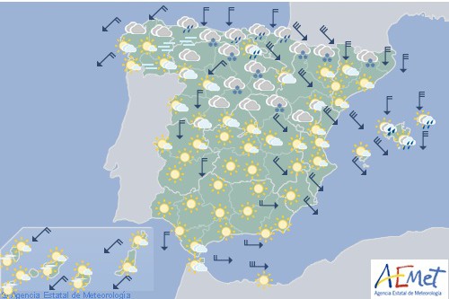 Hoy en España viento fuerte en el nordeste, Baleares y bajo Ebro, cota de nieve baja a 700 metros