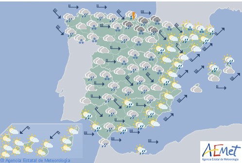 Hoy en España precipitaciones ocasionalmente tormentosas en Cantabria y Pirineos