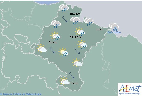 Cielo cubierto y lluvias en Navarra, la cota de nieve desciende a 800 metros