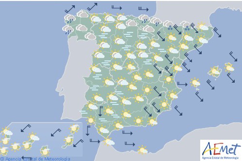 Hoy en España nuboso y precipitaciones en el norte, vientos fuertes en litoral cantábrico y Mallorca