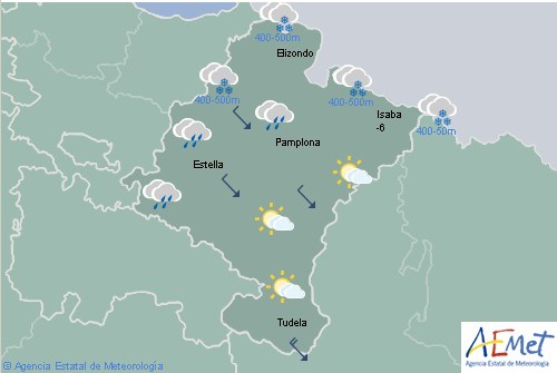En Navarra intervalos nubosos con precipitaciones, cota de nieve bajando a 300 metros