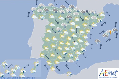Hoy en España, lluvias fuertes en Cantábrico y Baleares, y temperaturas en descenso