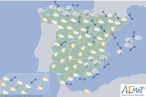 Hoy en España, precipitaciones en el Cantábrico oriental, bajan las temperaturas en sudeste y Baleares