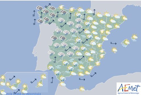 Hoy en España, precipitaciones en el tercio oeste peninsular y viento fuerte en vertiente atlántica