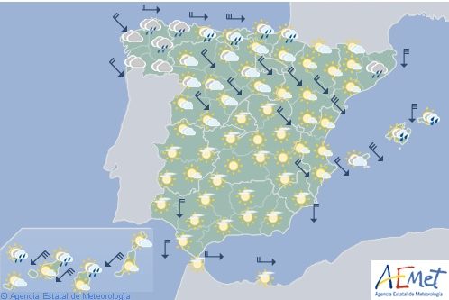 Hoy en España descenso de temperaturas, viento fuerte en Tarragona, Castellón, Canarias y Baleares