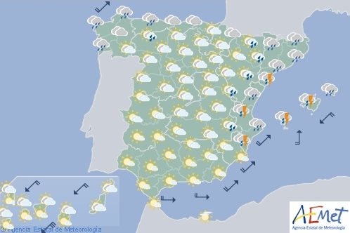 Hoy en España, tormentas localmente fuerte en Valencia, Baleares y Cataluña