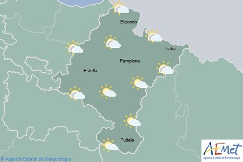 Cielo nuboso e intervalos nubosos, lluvias débiles en el norte y oeste de Navarra