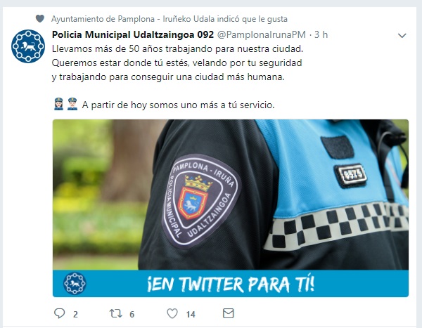 Policía Municipal de Pamplona se estrena en Twitter para acercar a la ciudadanía avisos e información
