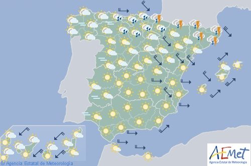 Hoy en España chubascos y tormentas en el Cantábrico Oriental y Cataluña