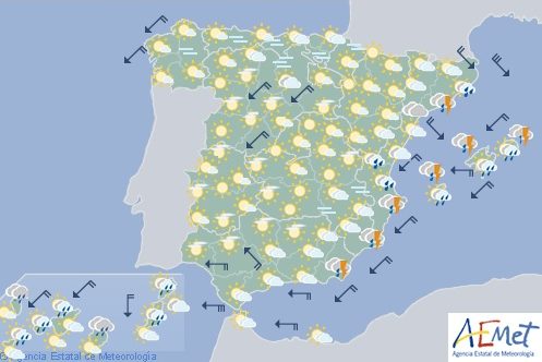 Hoy en España, tormentas localmente fuertes en Baleares, Cataluña y Valencia