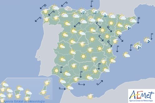 Hoy en España, chubascos y tormentas fuertes en Baleares, viento fuerte en el litoral gallego