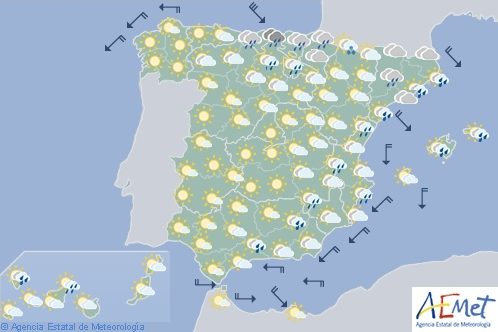 Hoy en España, precipitaciones en el área mediterránea, nieve a partir de 1.800 metros