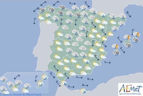 Hoy en España, precipitaciones en el Cantábrico y Baleares, cota de nieve entre 600 y 1200 metros