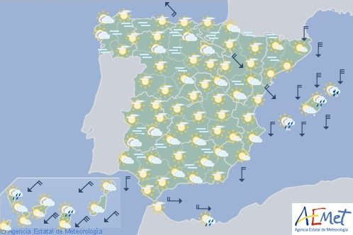 Hoy en España chubascos en Baleares, viento fuerte en Ampurdán