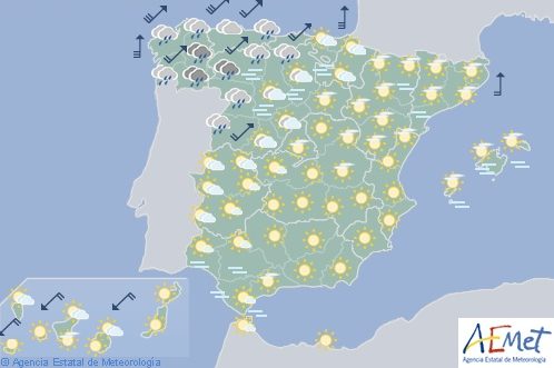Hoy en España, precipitaciones localmente fuertes en Galicia con rachas de viento