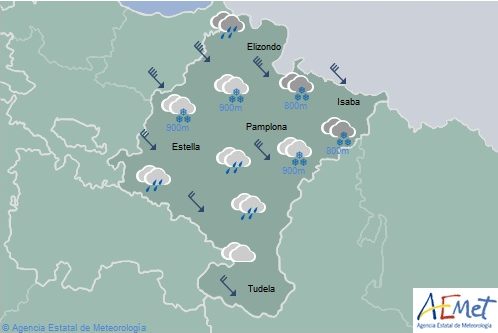En Navarra cielo cubierto con precipitaciones generalizadas y temperaturas con pocos cambios