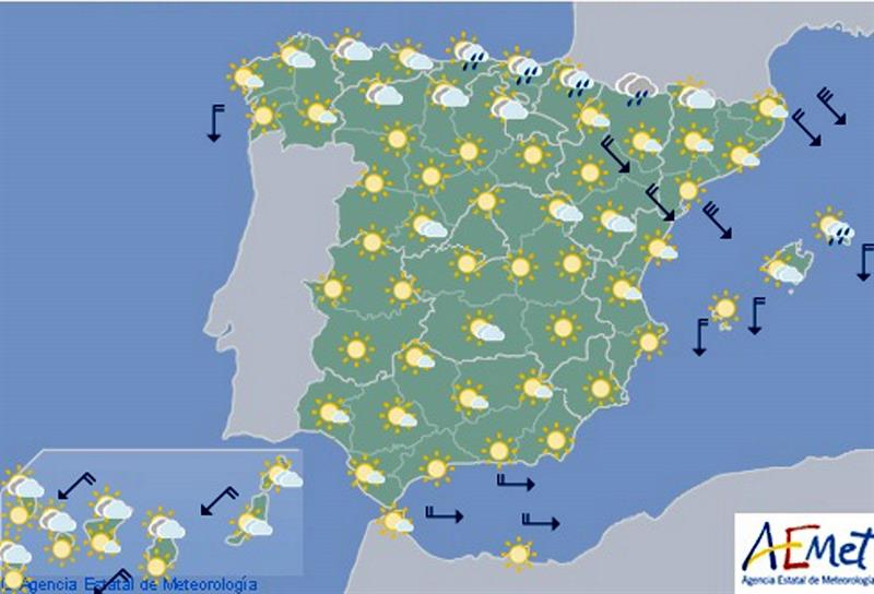 Hoy en España, lluvia en el Cantábrico y en Cataluña y poco nuboso en el resto