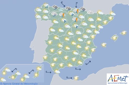 Hoy en España, tormentas fuertes o con granizo en el área Cantábrica y nordeste