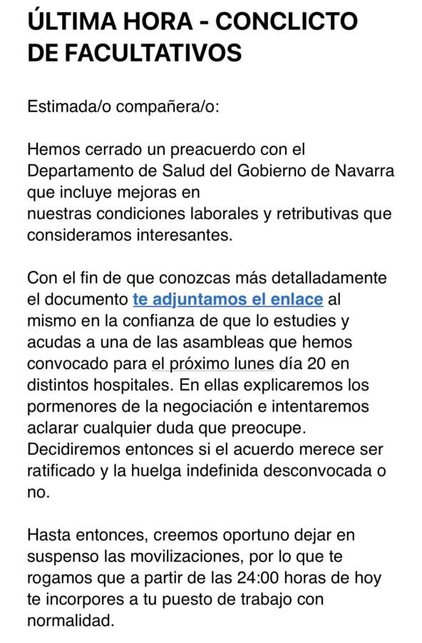 El Sindicato Médico de Navarra suspende la huelga sin decidir si aceptan el acuerdo