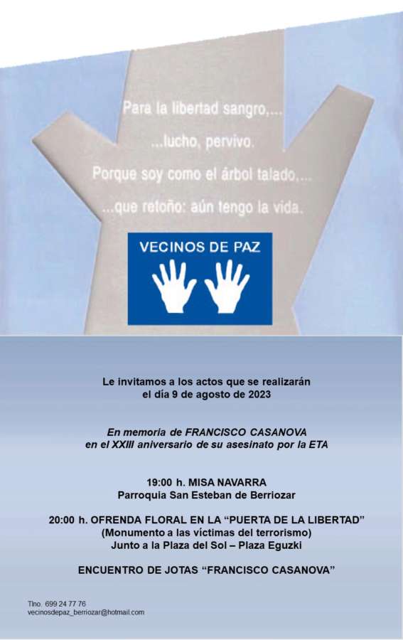 El 9 de agosto, homenaje en memoria de Francisco Casanova asesinado por ETA en Berriozar