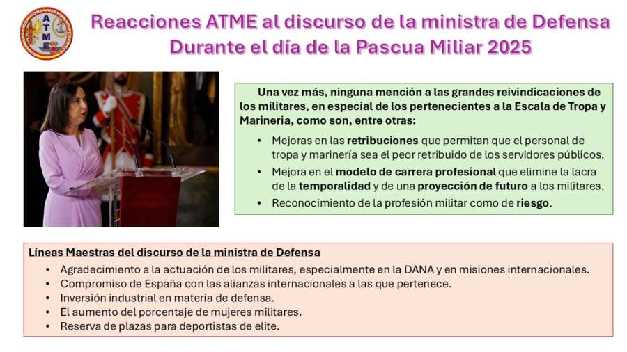 Pascua Militar: ATME critica el «silencio absoluto sobre medidas de mejora» de la ministra de Defensa