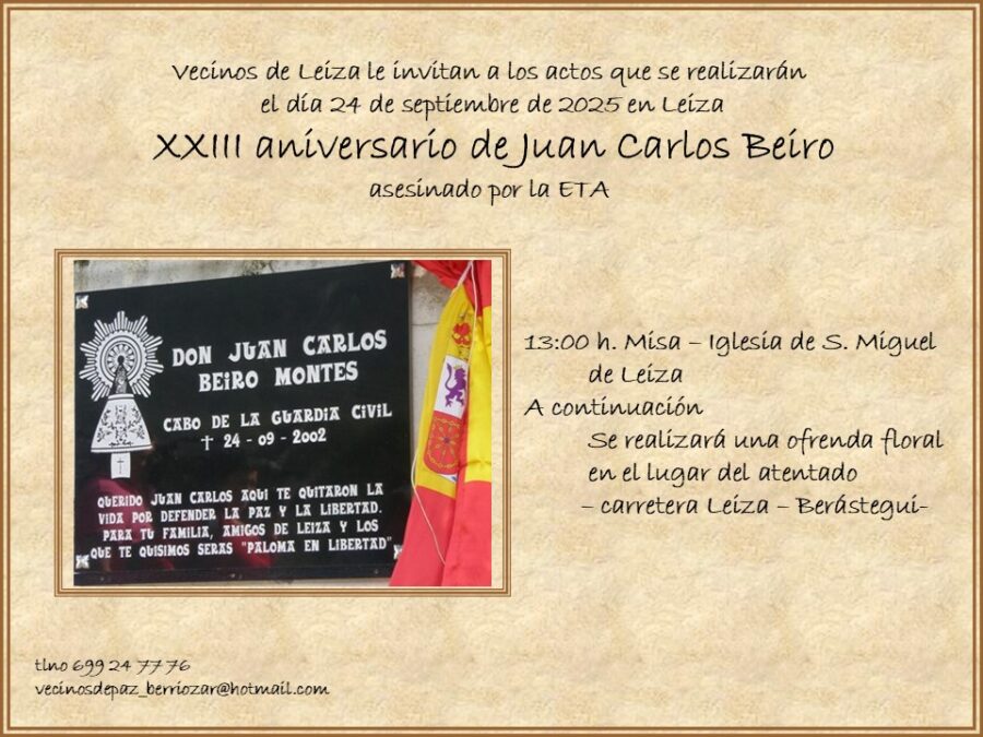 Mañana Leiza recuerda el asesinato de Juan Carlos Beiro a manos de ETA