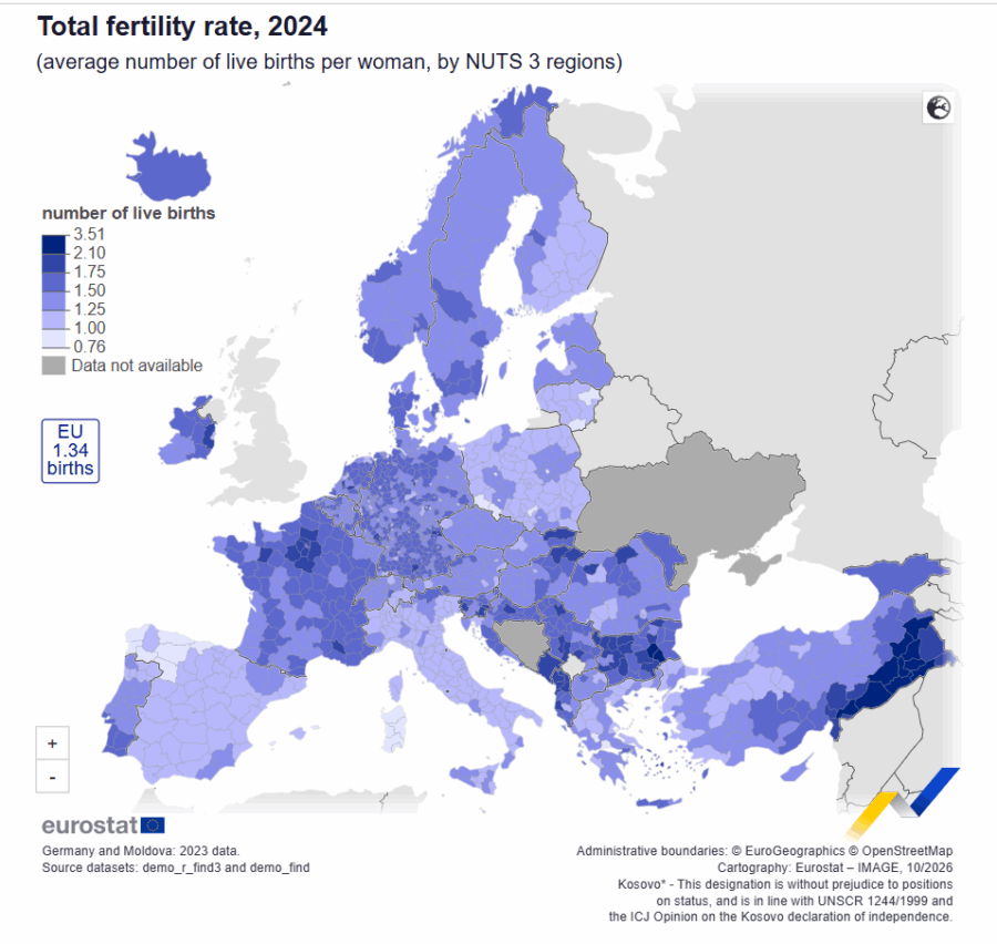 Mínima tasa de natalidad histórica en Europa, tasas particularmente bajas en España